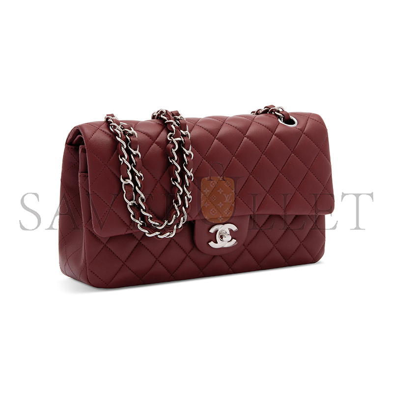 Ch*el medium classic flap bag with silver hardware burgundy a01112 (25*16*8cm)